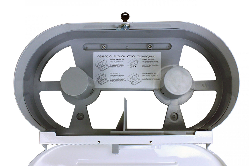 Frost 170 stainless steel vertical double jumbo toilet tissue dispenser open view