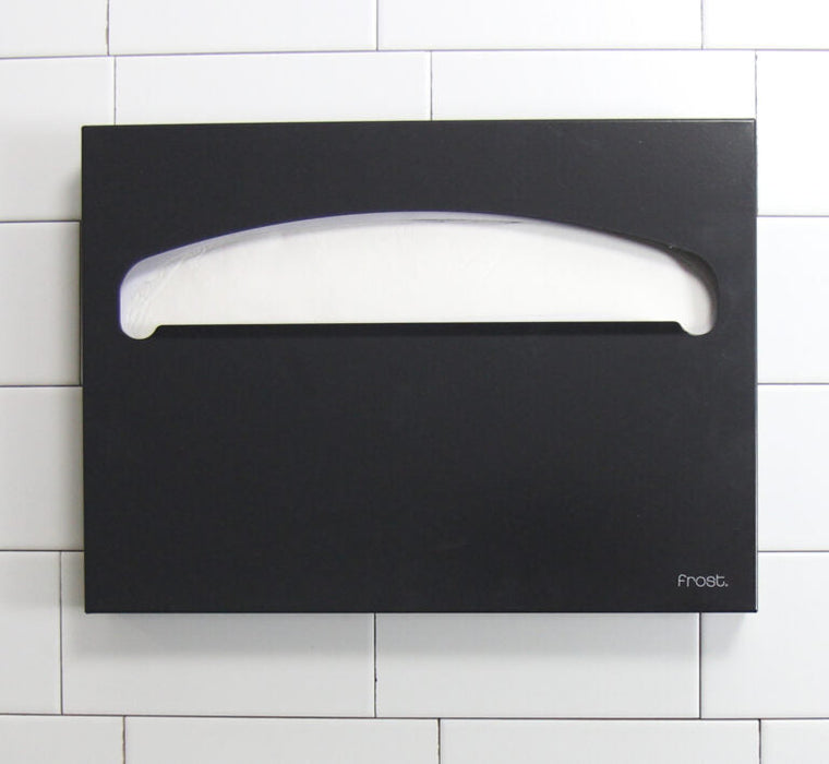 Frost 199-BLK matte black toilet seat cover dispenser close-up in use
