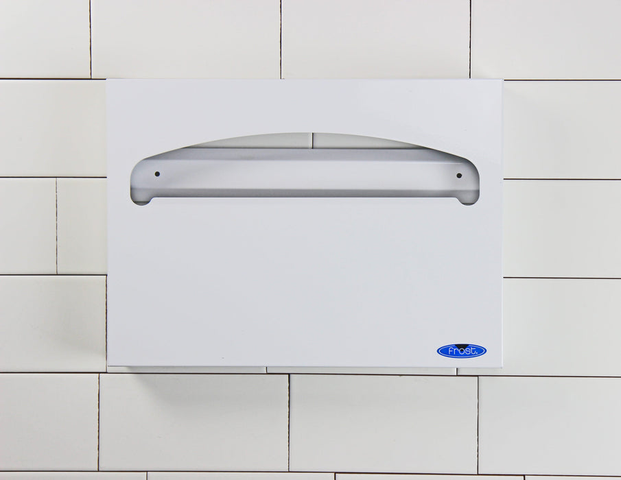 Frost 199-W white steel toilet seat cover dispenser close-up in use