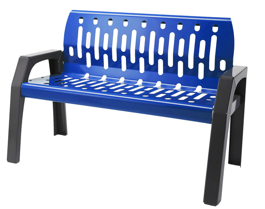 Blue powder coated 4 foot outdoor steel bench with arms