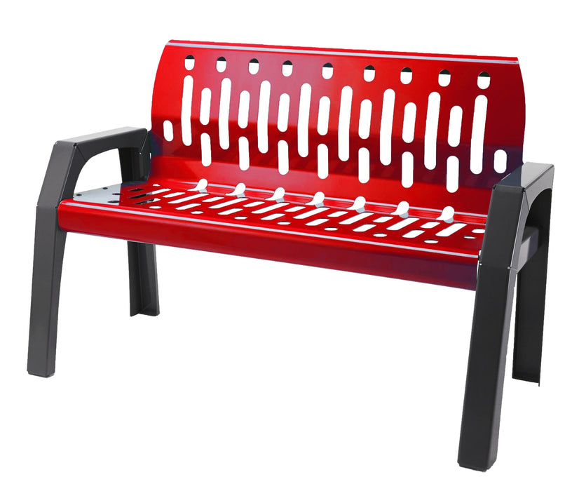 Red powder coated 4 foot outdoor steel bench with arms
