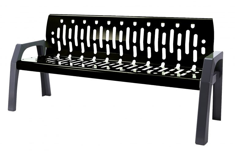 Black powder coated 4 foot outdoor steel bench with arms