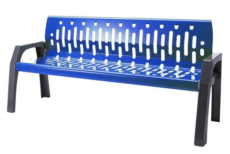 Blue powder coated 6 foot outdoor steel bench with arms
