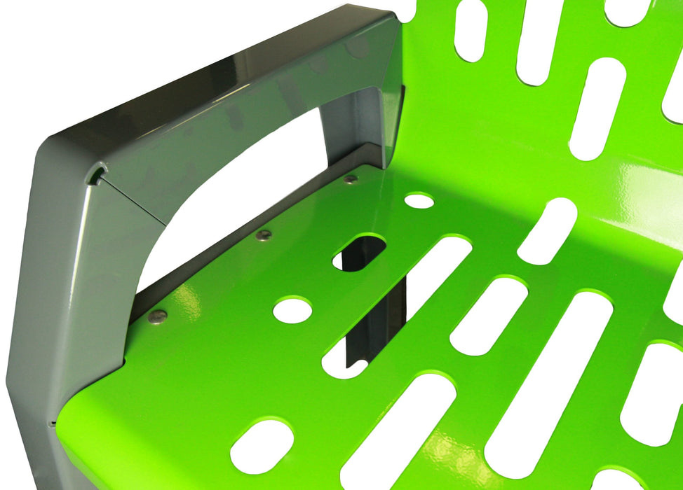 Green outdoor steel bench with anchorable feet installed on concrete pad