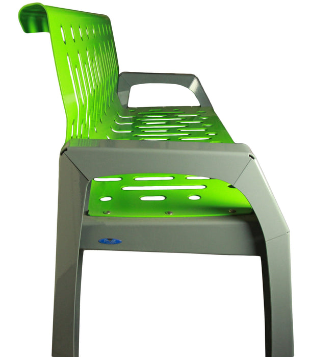 Close-up of ergonomic backrest and lumbar support on green 6ft Stream bench