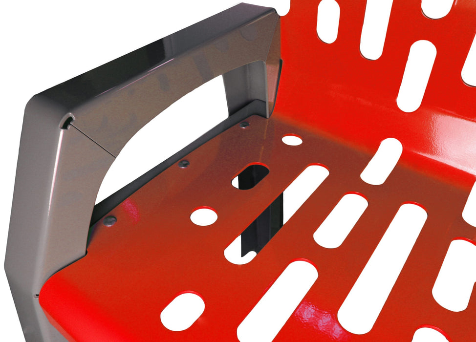 Close-up of ergonomic backrest and lumbar support on red 6ft Stream bench
