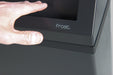 Frost 303-BL waste bin in use, showing matte black swing top function