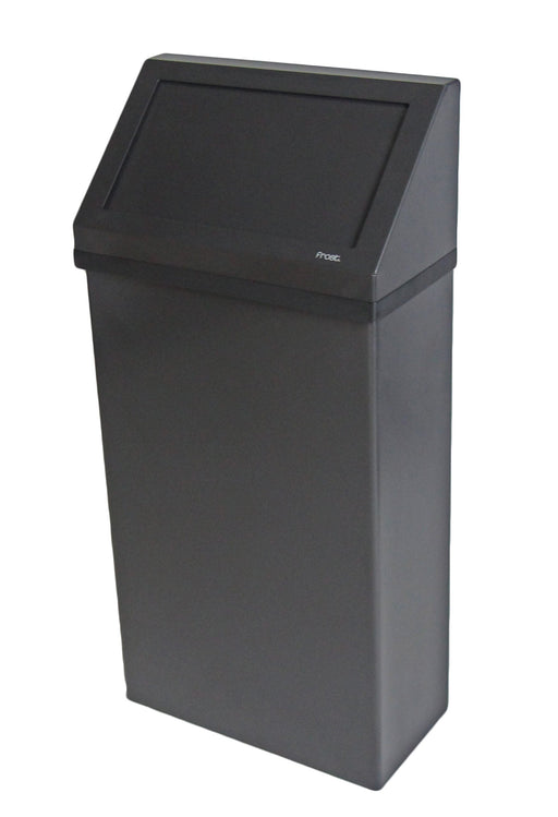 Front view of Frost 303-BL swing top waste bin with matte black finish