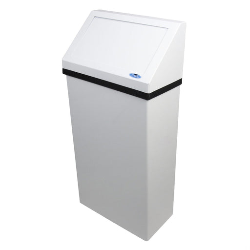 Front view of Frost 303NL swing top waste receptacle showing sleek stainless steel finish