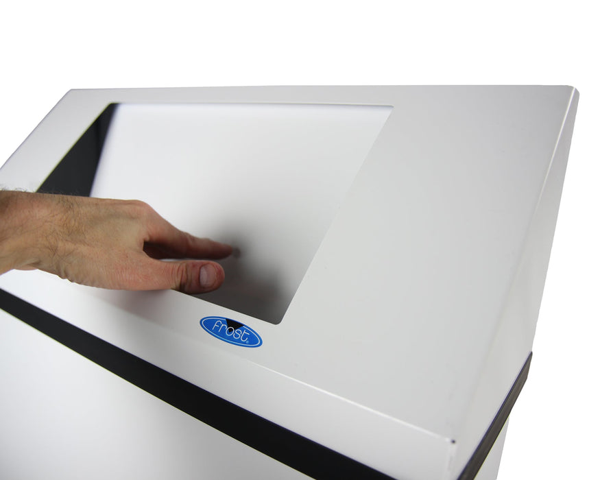 Open view of Frost 304-NL waste bin showing white epoxy interior