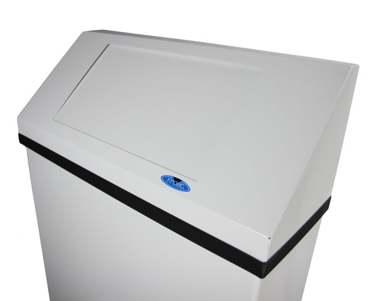 Open view of Frost 304-NL waste bin showing white epoxy interior