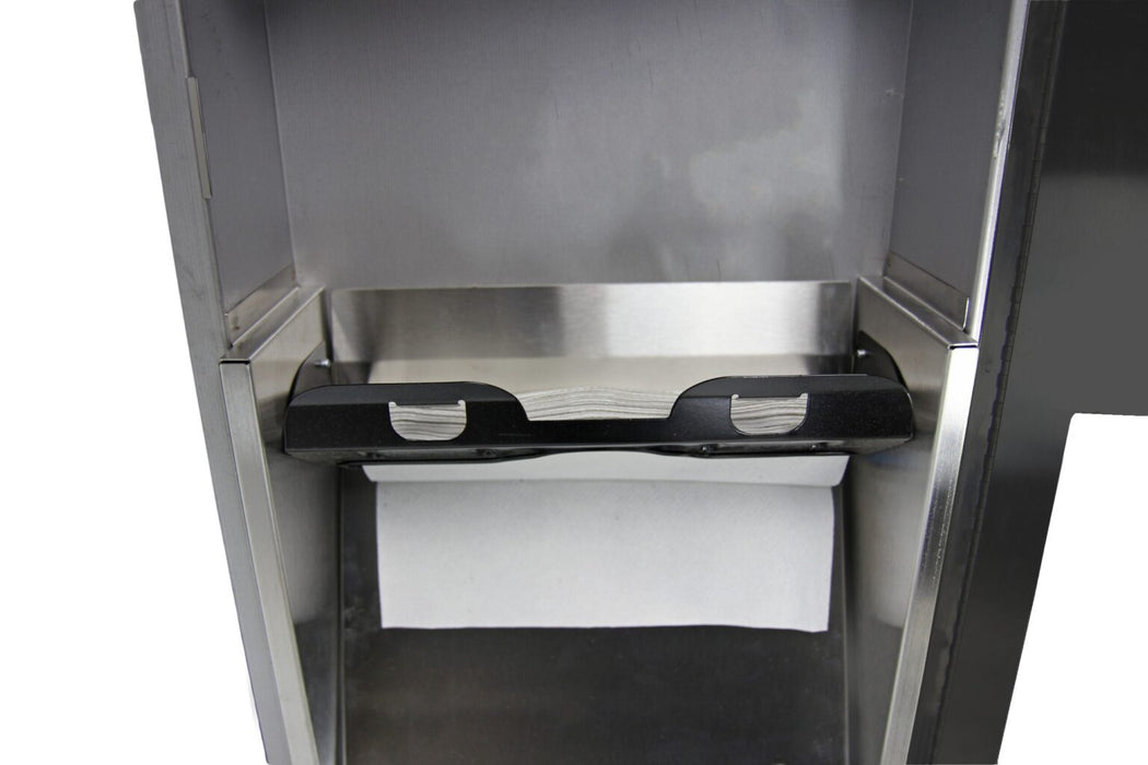 Open door view of Frost 400-14 Black with towel dispenser and 23-liter bin