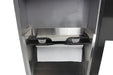 Open door view of Frost 400-14 Black with towel dispenser and 23-liter bin