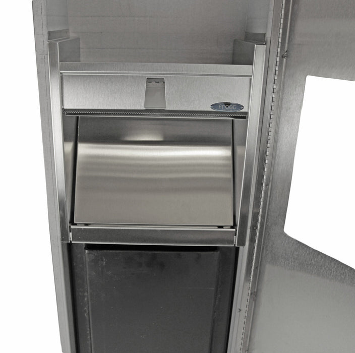 Open door view of Frost 400 showing internal towel dispenser and 32-liter waste bin