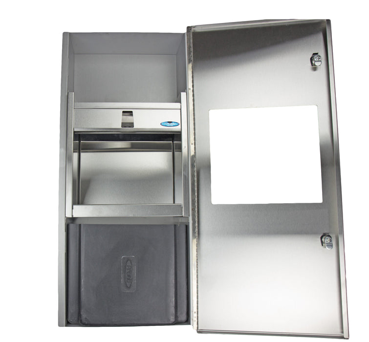 Open door view of Frost 415-C with towel dispenser and 9.5-liter waste bin