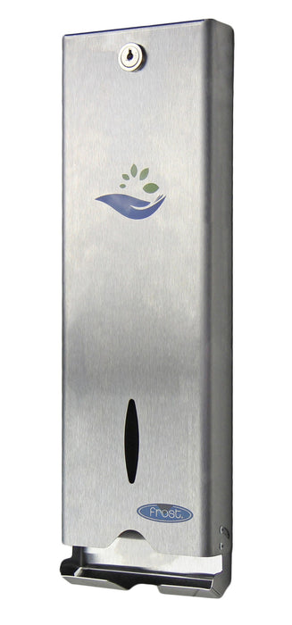 Frost 613-S slim stainless steel surface-mounted free tampon dispenser for commercial restrooms, ADA-compliant