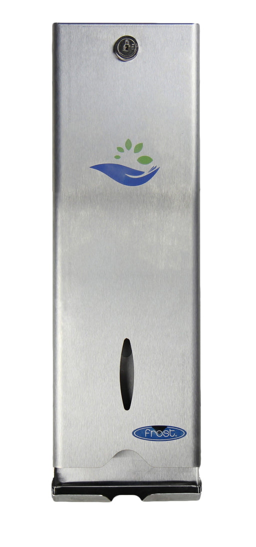 Frost 613-S slim stainless steel surface-mounted free tampon dispenser for commercial restrooms, ADA-compliant