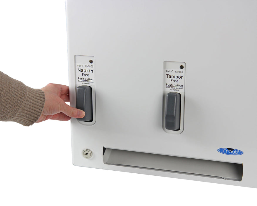 Frost 618-1-Free stainless steel push-button free napkin/tampon dispenser for commercial restrooms, ADA-compliant