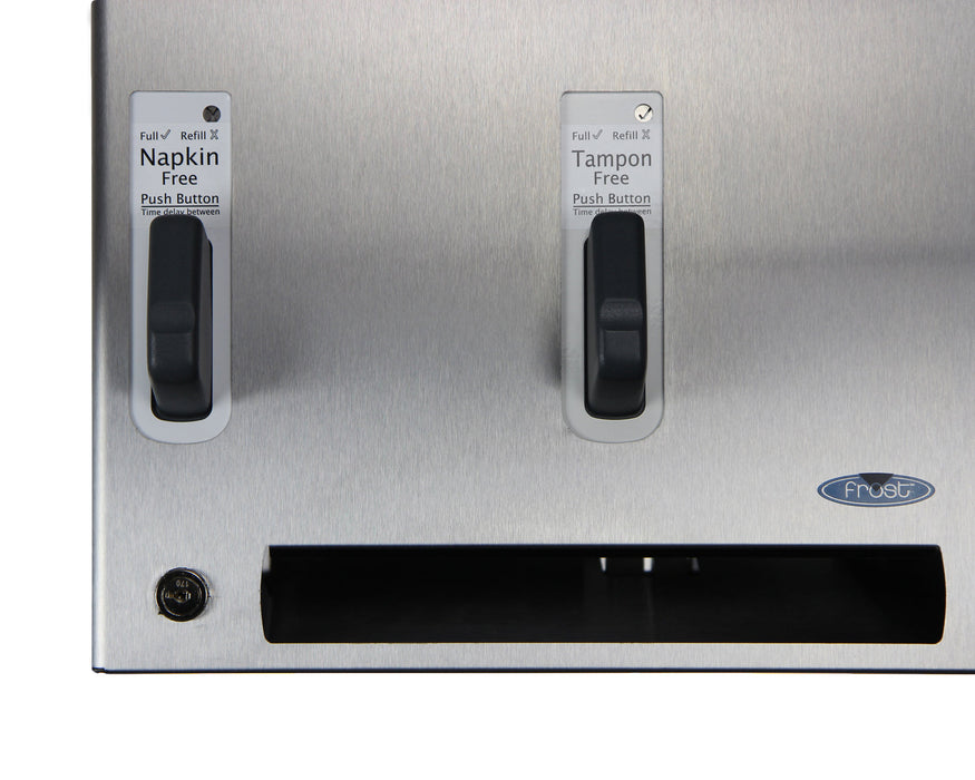 Frost 618-3-Free stainless steel push-button free napkin/tampon dispenser for commercial restrooms, ADA-compliant