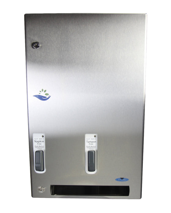 Frost 618-3-Free stainless steel push-button free napkin/tampon dispenser for commercial restrooms, ADA-compliant
