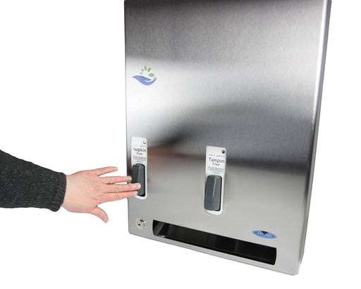 Frost 618-3-Free stainless steel push-button free napkin/tampon dispenser for commercial restrooms, ADA-compliant