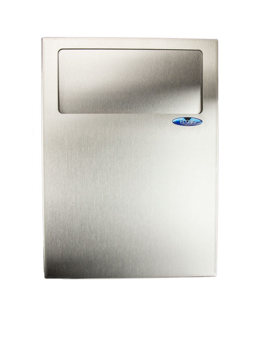 Frost 640 Feminine Hygiene Bin - Installed in Partition Wall Serving Two Stalls, with Bilingual Labels and Brushed Stainless Steel Finish for Durable Use in Schools and Offices