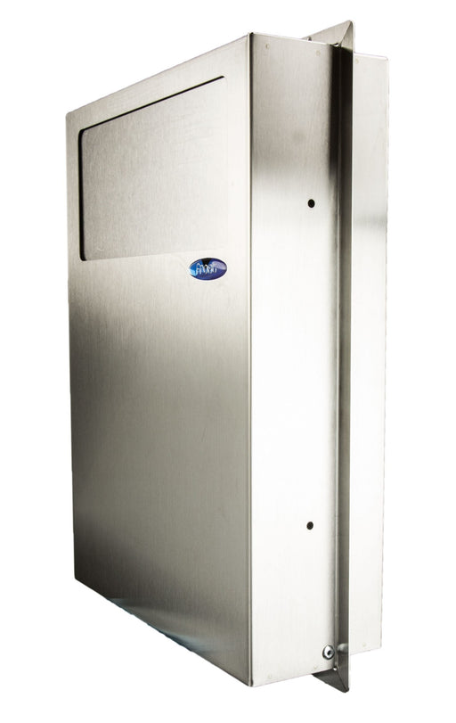 Frost 640 Partition Mounted Feminine Product Disposal - Front View Showing Stainless Steel Construction and Dual-Compartment Design for Commercial Restrooms