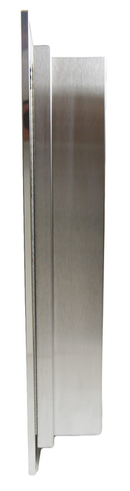 Close-up of Frost 800-S brushed stainless steel frame and piano hinge