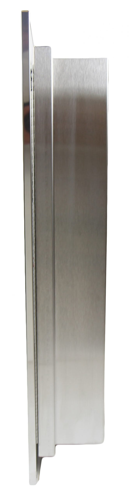 Close-up of Frost 800-S brushed stainless steel frame and piano hinge