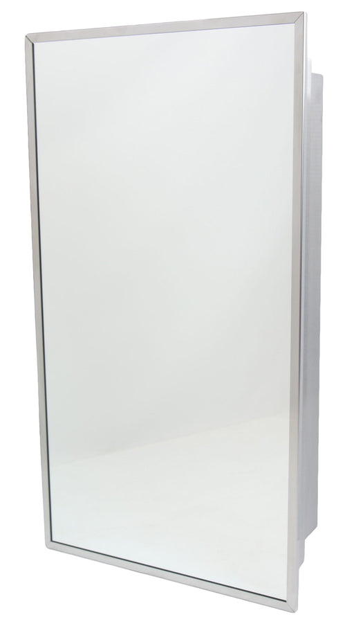 Frost 800-S stainless steel medicine cabinet front view with mirror door open showing shelves
