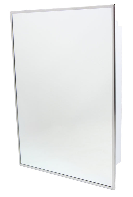 Frost 802-W recessed medicine cabinet front view with mirror door open revealing glass shelves