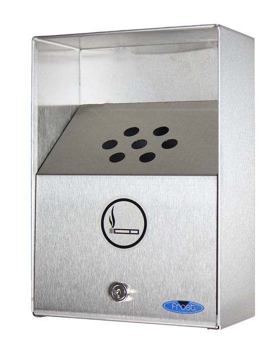 Frost 909 stainless steel outdoor ash bin front view with door open showing galvanized liner
