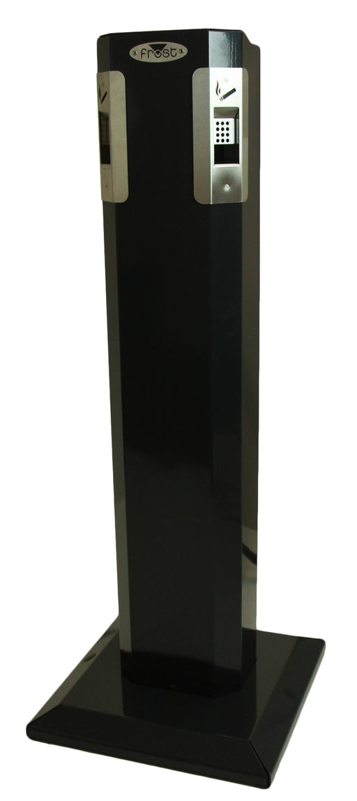Frost 920 heavy duty outdoor pedestal ashtray front view with black powder coated body and stainless grill