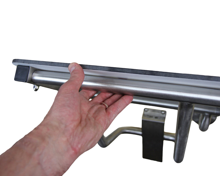 Side view of Frost 972 wall mount folding shower seat in lowered position – 450 lb capacity