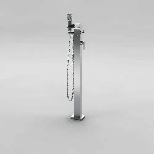 Acritec Imara floor mount tub filler faucet in chrome finish with single lever and hand-spray installed beside freestanding bathtub, Close-up of Acritec Imara free-standing tub faucet showing triple-plated chrome and manual diverter details in modern bathroom setting
