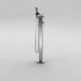 Acritec Imara floor mount tub filler faucet in chrome finish with single lever and hand-spray installed beside freestanding bathtub, Close-up of Acritec Imara free-standing tub faucet showing triple-plated chrome and manual diverter details in modern bathroom setting