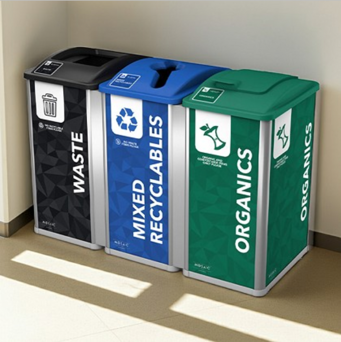 Mosaic triple recycling station installed in modern cafeteria setting