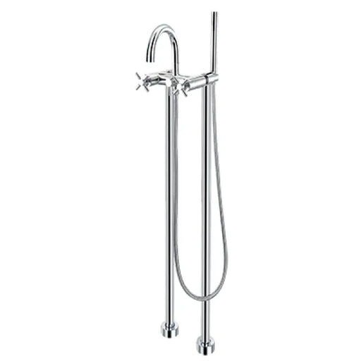 Acritec Moderno floor mount tub filler faucet in chrome with dual lever handles and hand-spray installed beside freestanding bathtub, Close-up of Acritec Moderno free-standing tub faucet showing cross handles, triple-plated chrome, and manual diverter in modern bathroom setting