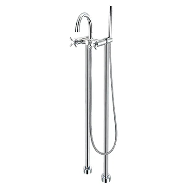Acritec Moderno floor mount tub filler faucet in chrome with dual lever handles and hand-spray installed beside freestanding bathtub, Close-up of Acritec Moderno free-standing tub faucet showing cross handles, triple-plated chrome, and manual diverter in modern bathroom setting