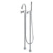 Acritec Moderno floor mount tub filler faucet in chrome with dual lever handles and hand-spray installed beside freestanding bathtub, Close-up of Acritec Moderno free-standing tub faucet showing cross handles, triple-plated chrome, and manual diverter in modern bathroom setting
