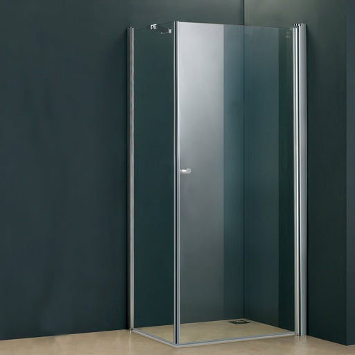 Acritec Ruxton Series frameless shower door in chrome on double threshold base with tempered glass panels, Installed Acritec Ruxton double threshold enclosure showing reversible design and easy-clean features in matte black finish