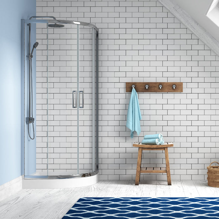 Acritec Quadra 8R2 semi-frameless corner shower door in chrome with tempered glass panels and double sliding mechanism installed in bathroom corner, Close-up of Acritec Quadra 8R2 round front shower enclosure showing reversible design and easy-clean features in contemporary setting