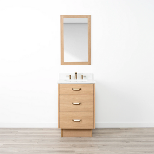 Ashbury 24 Inch White Oak Bathroom Vanity with Toe Kick and Arctic Trace Quartz Top – New Bronze Handle – Handmade in Canada