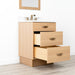Ashbury 24" White Oak Vanity with Arctic Trace quartz top and new bronze handle – toe kick base, left-side open view.