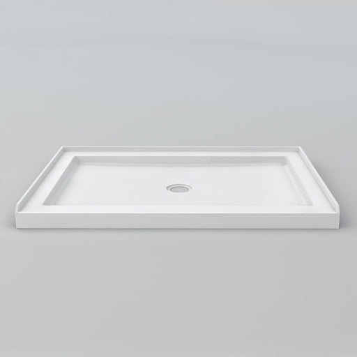 White Acritec low profile single threshold shower base with center drain in a modern alcove installation