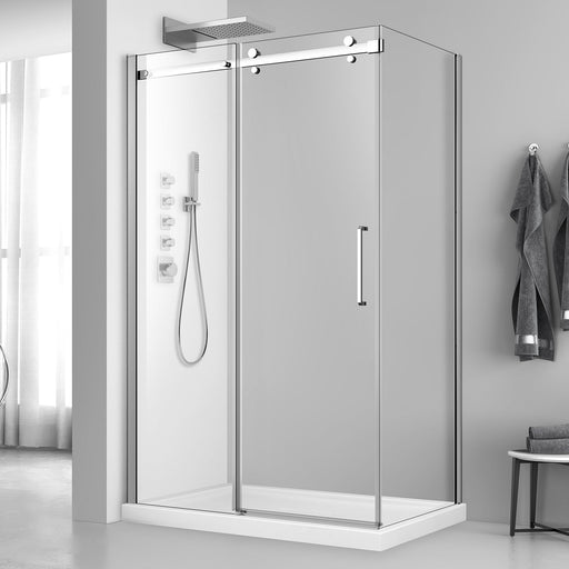 Acritec Abbott Series frameless rolling shower door in chrome finish on double threshold base with tempered glass panels, Installed Acritec Abbott double threshold shower enclosure showing reversible design and easy-clean features in brushed nickel