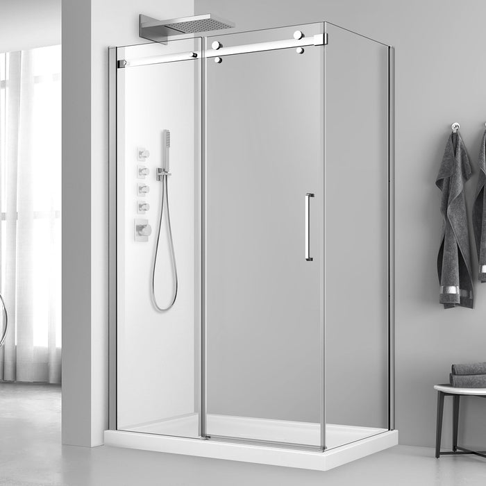 Acritec Abbott Series frameless rolling shower door in chrome finish on double threshold base with tempered glass panels, Installed Acritec Abbott double threshold shower enclosure showing reversible design and easy-clean features in brushed nickel