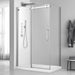 Acritec Abbott Series frameless rolling shower door in chrome finish on double threshold base with tempered glass panels, Installed Acritec Abbott double threshold shower enclosure showing reversible design and easy-clean features in brushed nickel