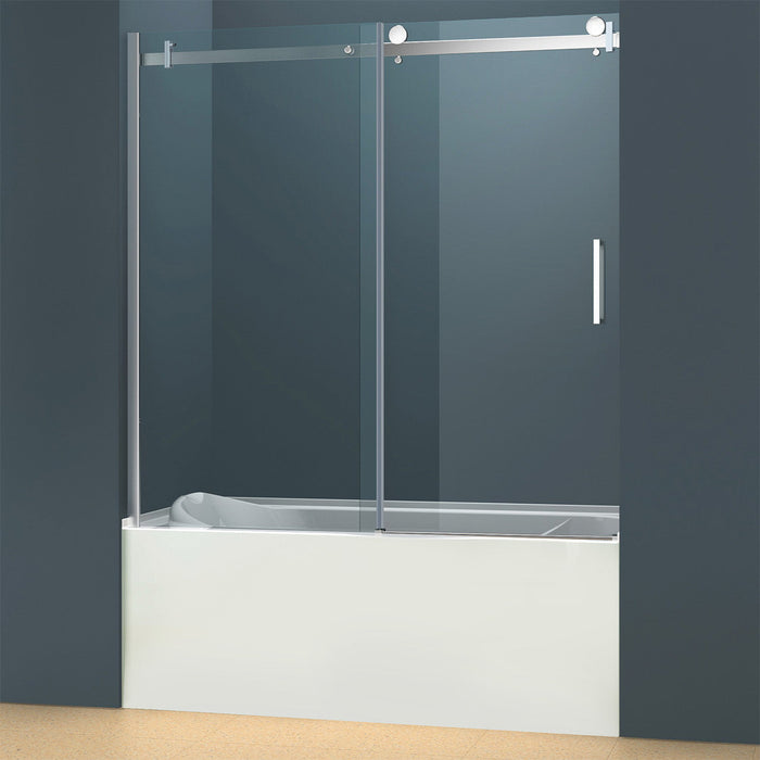 Acritec Abbott Series single threshold bathtub door with brushed nickel finish in a 66-inch height modern installation