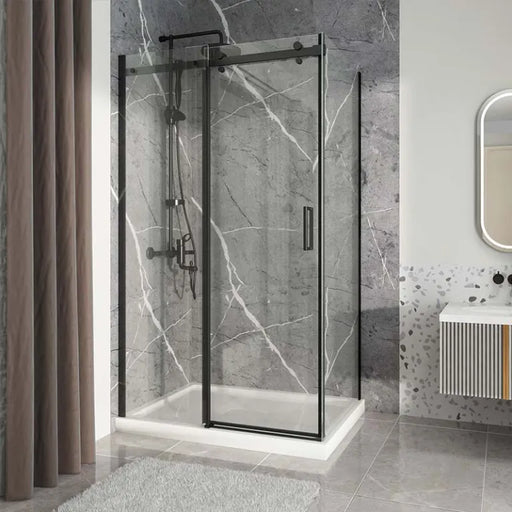 Acritec Abbott Series double threshold rolling shower door in black finish, featuring magnetic closure and stainless steel hardware in a modern bathroom setup